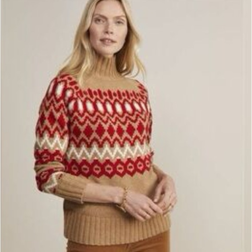 Vineyard Vines Merino Wool Blend Sweater XXS Camel Red Fair Isle Mock Neck NEW